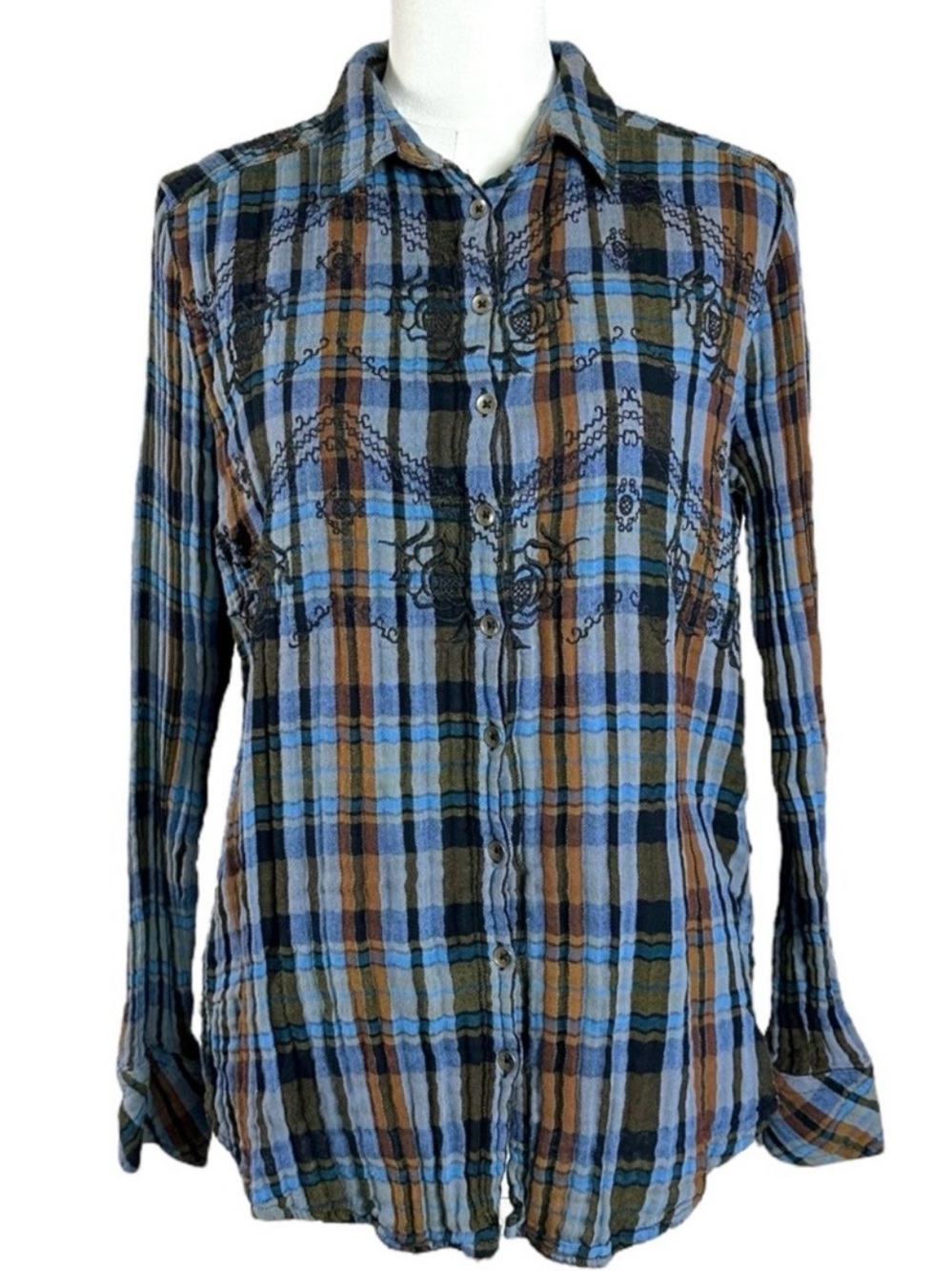 Free People Western Bohemian Muslin Embroidered Magical Plaid Shirt Small Fall
